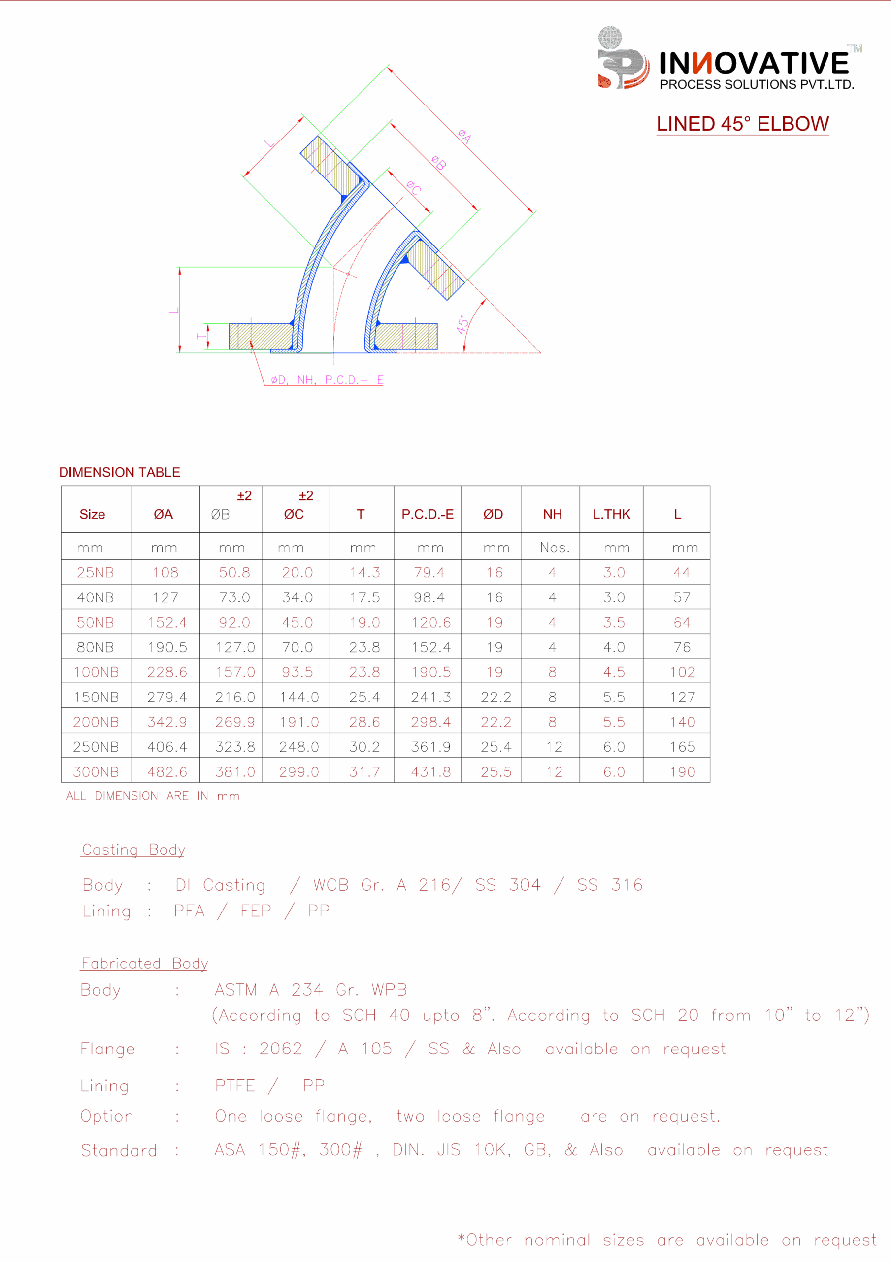 lined 45 degree elbow